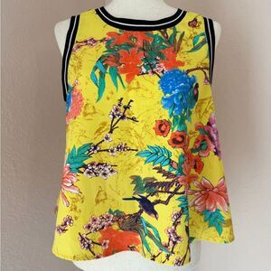Mustard see Tropical yellow floral sleeveless top / tank top with peplum back M